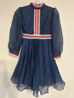 In Style Vintage Navy Polka Dot Dress with Red Trim and Lace